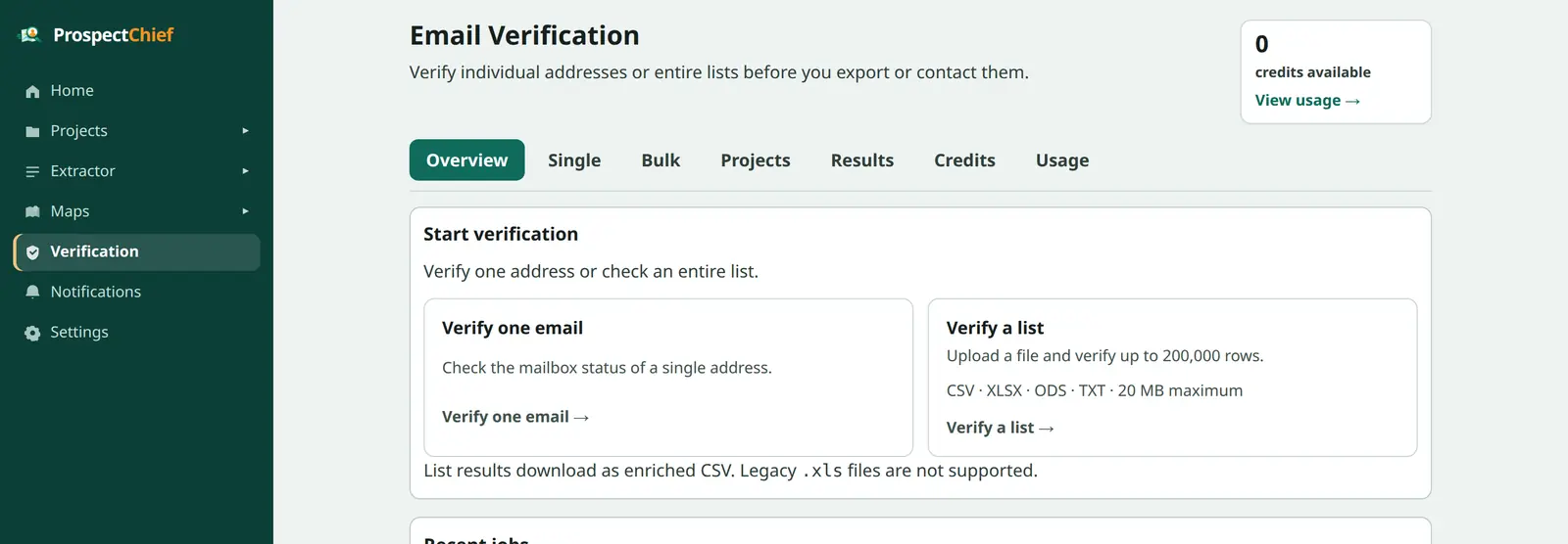 Email Verification page in the dashboard with Verify one email and Verify a list panels and a credits balance.