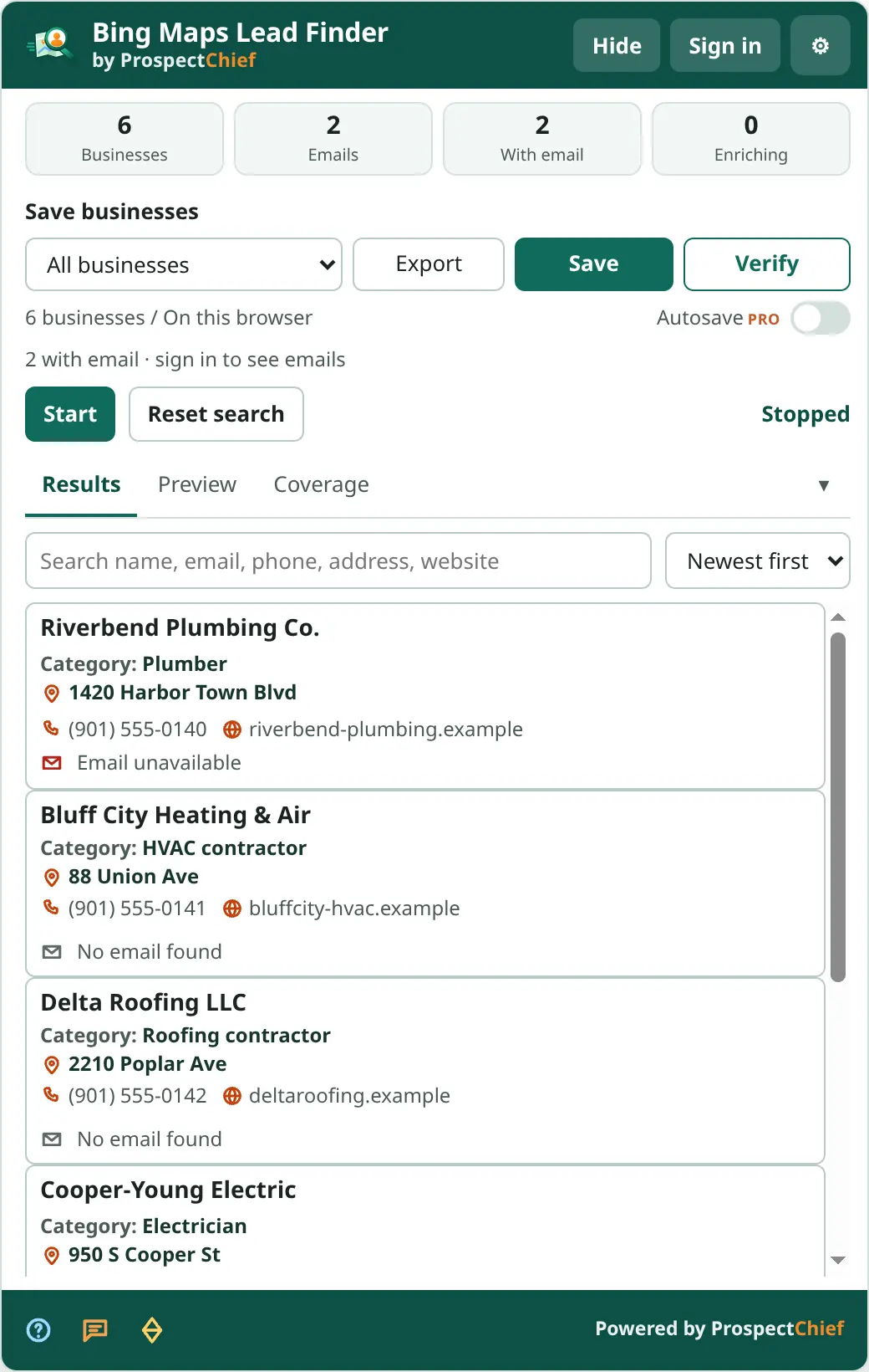 Bing Maps Lead Finder panel after a capture on Bing Maps: 6 businesses, 2 emails, Save, Export and Verify controls, Start and Reset search, and a results list of example local businesses.